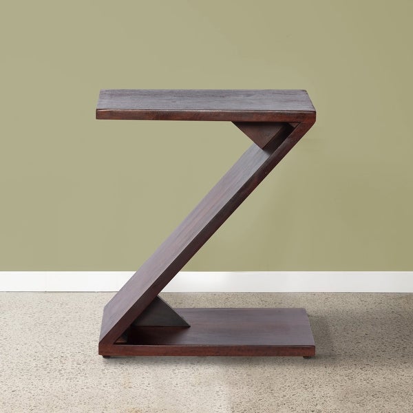 24 Inch Rectangular Mango Wood Side Table, Z Shaped Frame, Dark Brown
