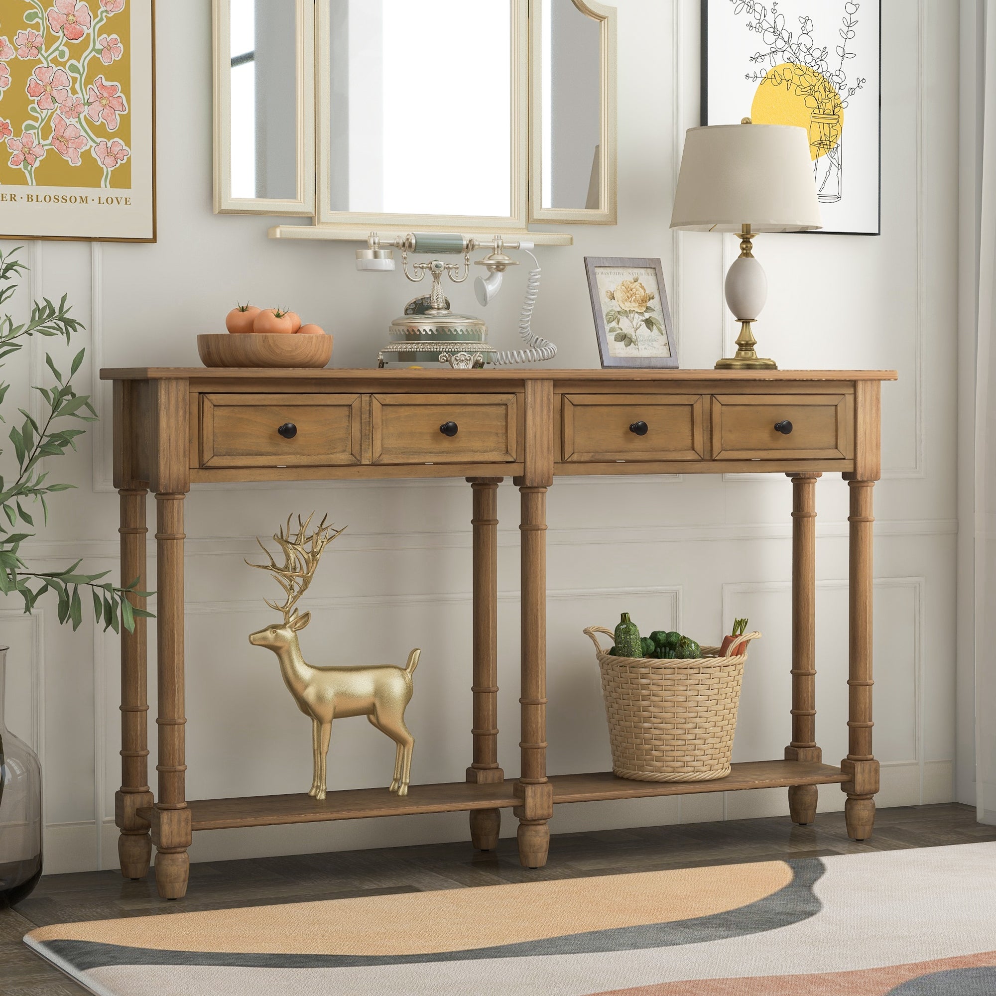 Rustic Console Table with 2 Storage Drawers and Round Deco Knob, Sofa Table with 1 Bottom Storage Shelf