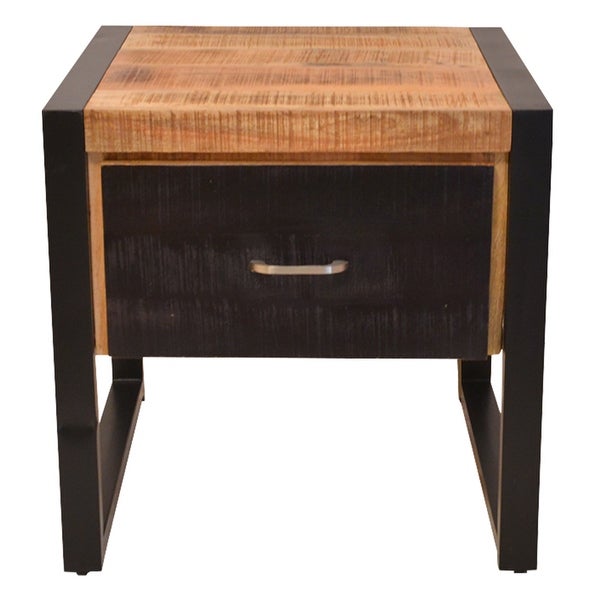 24 Inch Single Drawer Wooden Side Table with Metal Frame, Brown and Black