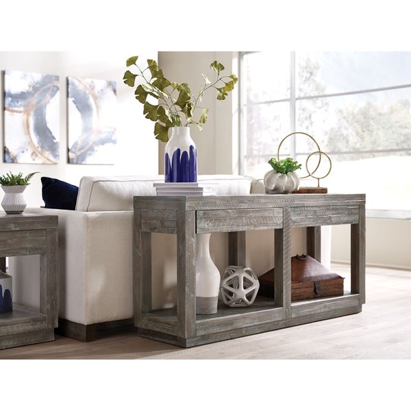 Two Drawer and Bottom Shelf Console Table with Flattened Base, Rustic Latte Gray