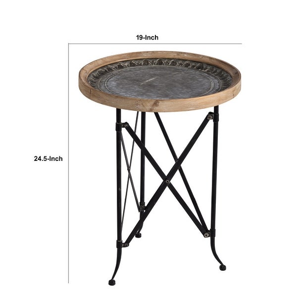 25 Inch Classic Round Side Table, Wood Top, Metal Frame, Vintage, Brown