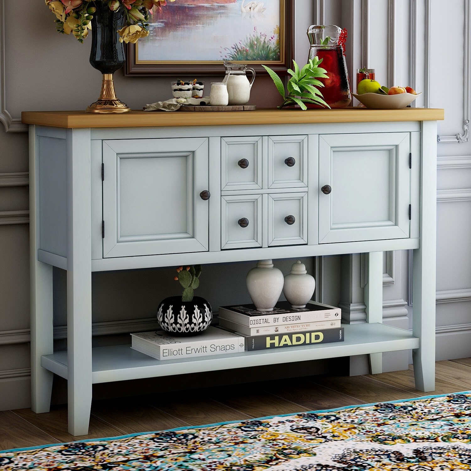Wooden Console Table with 4 Storage Drawers and 2 Cabinets, Sofa Table with Bottom Shelf and Solid Wood Legs, Lime White
