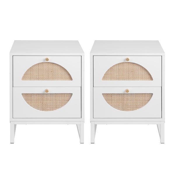 Allen 2 Drawer Nightstand Set of 2,White,Natural Rattan,Display Rack for Bedroom and Living Room