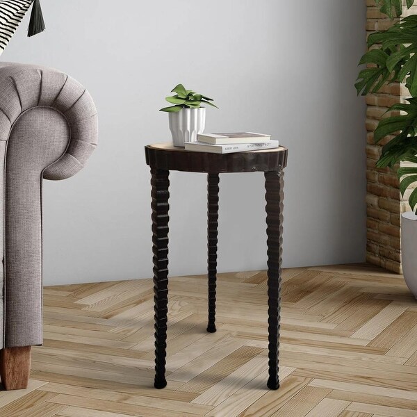 22 Inch Round Wooden Side Table with Tapered Tripod Base, Brown and Black - 21