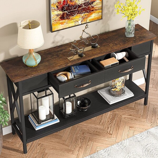 70.9 Inch Extra Long Console Table Sofa Table with Drawers,Walnut/White
