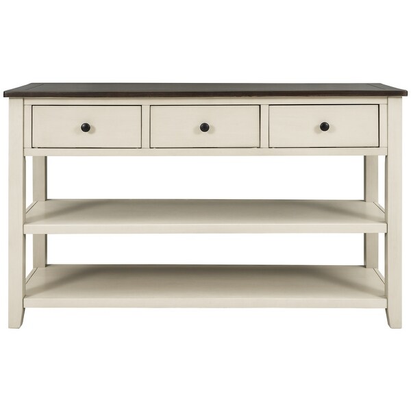 Retro Design Console Table with Two Open Shelves, Pine Solid Wood Frame and Legs