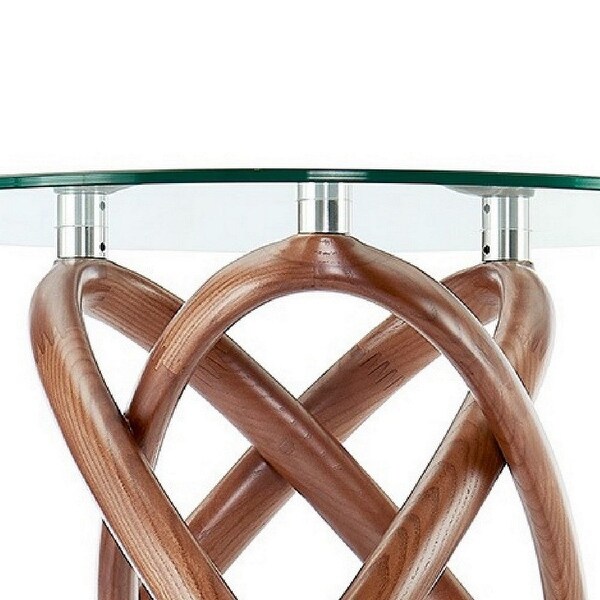 Cid 22 Inch Modern Side Table, Round Glass Top, Curved Wood Frame, Brown - 21.6L x 21.6W x 19.7H Inches