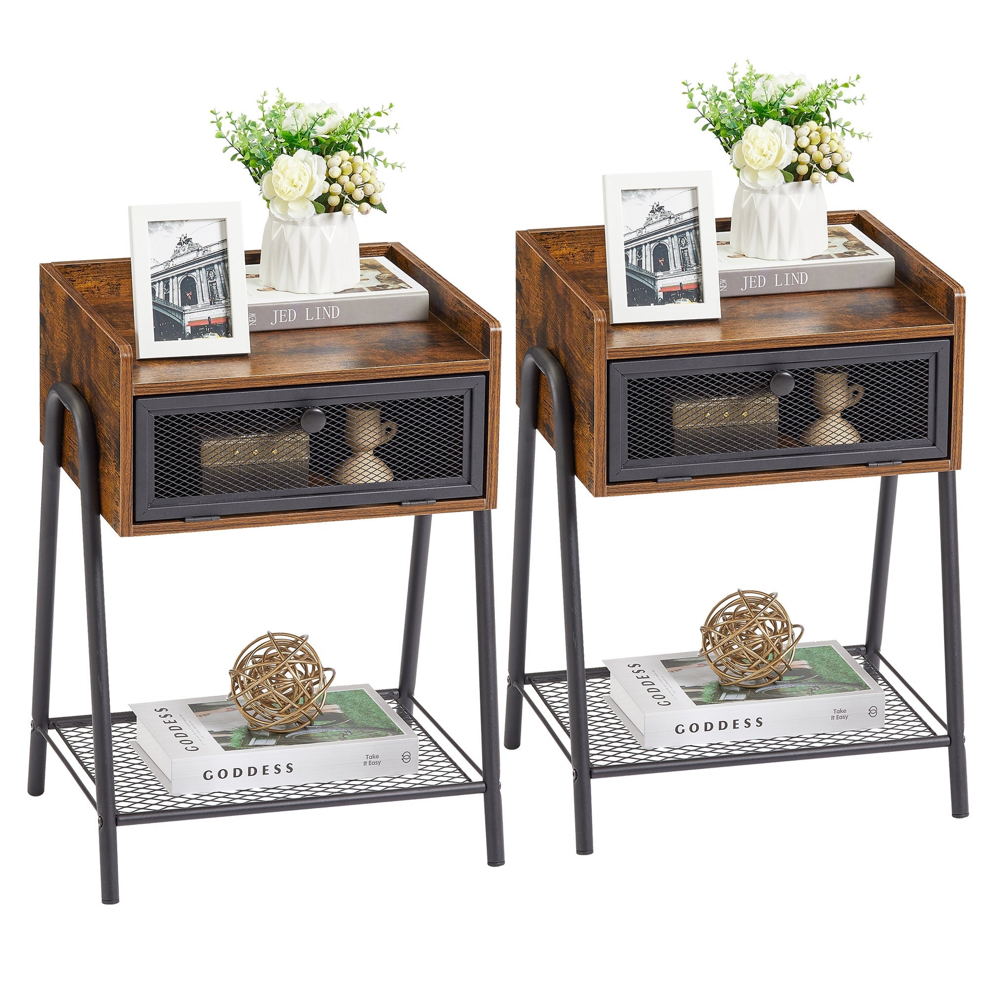 Taomika, ( Set of 2 ) Mid century Modern Side Table/End Table ,Rustic Brown