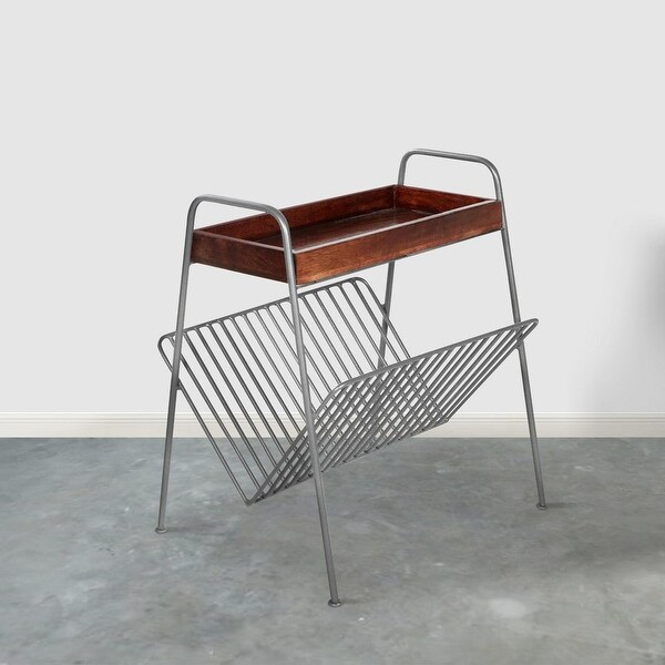 25 Inch Rectangular Metal Frame Side Table, Magazine Rack, Mango Wood Tray Top, Brown, Pewter Gray - 22 L x 18 W x 24.5 H