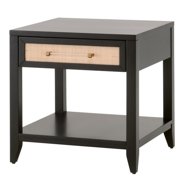 24 Inch Wood Side Table with Rattan Front Drawer, Bottom Shelf, Black