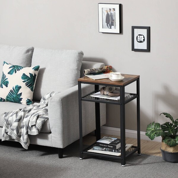 Industrial Side Table, End Telephone Table with 2-Tier Mesh Shelves, for Office Hallway, Wood Look Accent Furniture