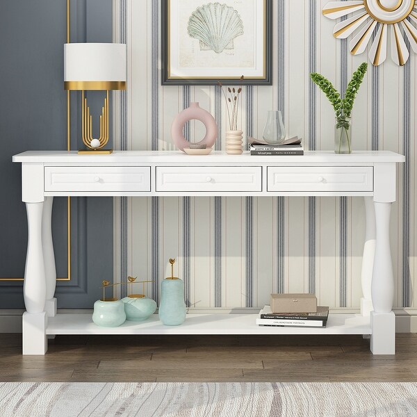 Sofa Table with Storage Drawers and Bottom Shelf, Wood Console Table