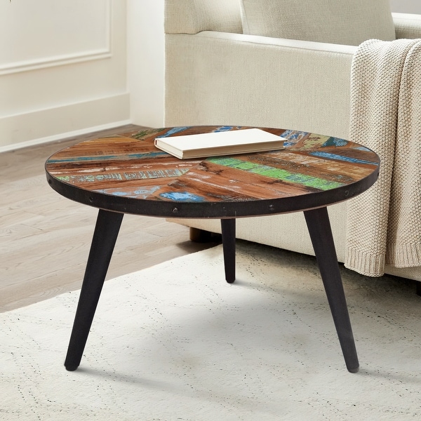 17 Inch Industrial Side Table, Reclaimed Wood, Round Multi Tone Top, Iron Trim, Brown, Black