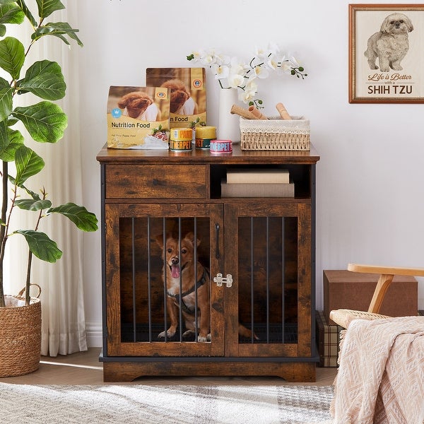 Industrial Furniture Style Dog Crate Dog Kennel with Loackable Door and Removable Bottom Tray, Side Table End Table with Storage