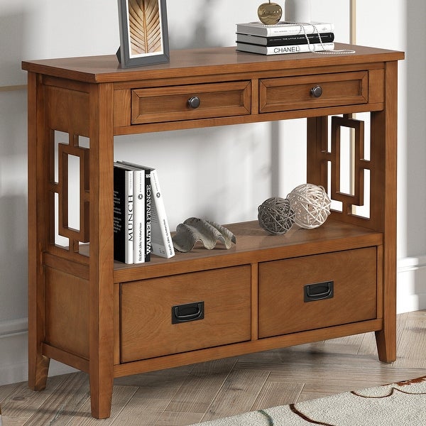 39'' Farmhouse Pine Wood Console Table with 4 Drawers and 1 Open Storage Shelf, Sofa Table for Entryway, Living Room, Bedroom