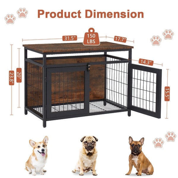 Dog Crate Furniture with Double Doors, Wooden Dog Crate, Indoor Dog Kennel w/ Metal Wire Mesh, Pet Crate End Table