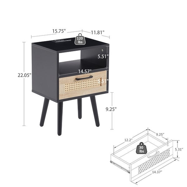 Modern Side table with Drawer and Solid Wood Legs,Rattan Nightstand with Power Outlet and USB Ports