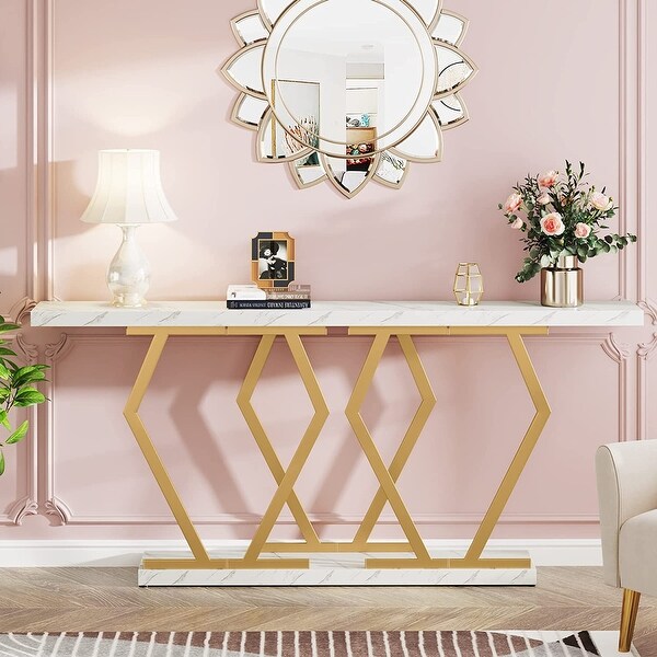 Modern Console Table, 70.9 Inch Extra Long Sofa Table with Faux Marble Tabletop Base Gold Frame for Living Room, White Gold