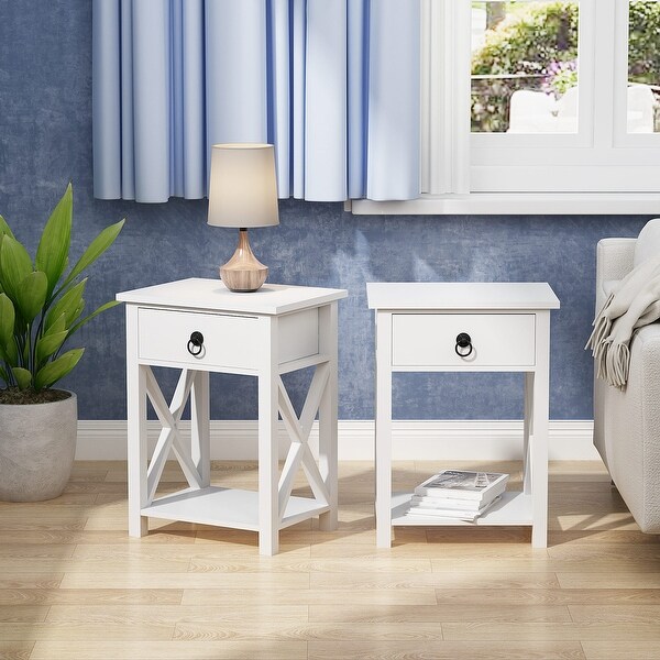 2 Piece Coffee Table with One Drawer Bedside Table X-Shaped Side Table with Storage Shelf End Table for Living Room,Bedroom