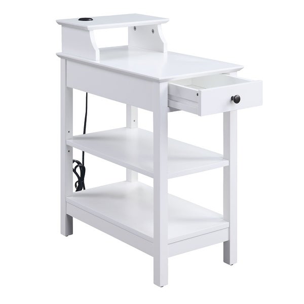 Wooden Frame Side Table with 3 Open Compartments and 1 Drawer, White