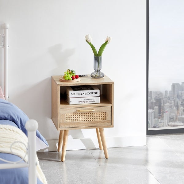 Modern Side table with Drawer and Solid Wood Legs,Rattan Nightstand with Power Outlet and USB Ports