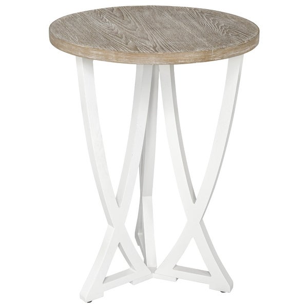 Farmhouse Round End Table, Rustic Wood Side Table for Living Room/Bedroom, White/Natural