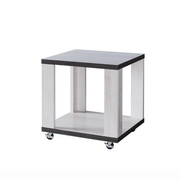 Q-Max Two-Toned End Table with Casters, Side Table with Bottom Shelf, White Oak and Distressed Grey Finish