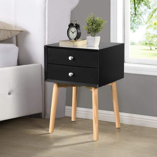 Mid-Century Side Table Nightstand with 2 Drawer, Wood Legs and Sliver Metal Knobs for Bedroom Living Room