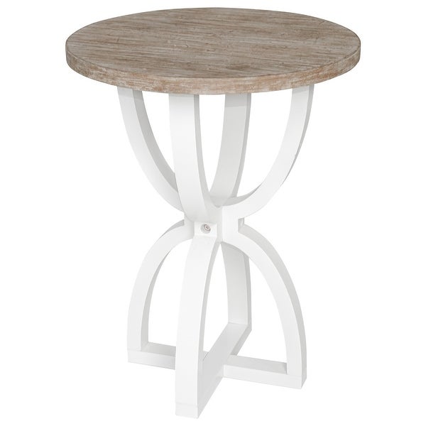 Farmhouse Round End Table, Rustic Wood Side Table for Living Room/Bedroom, White/Natural