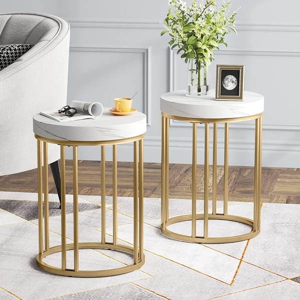 White Gold Round End Table, Modern Bedside Nightstand Faux Marble Top