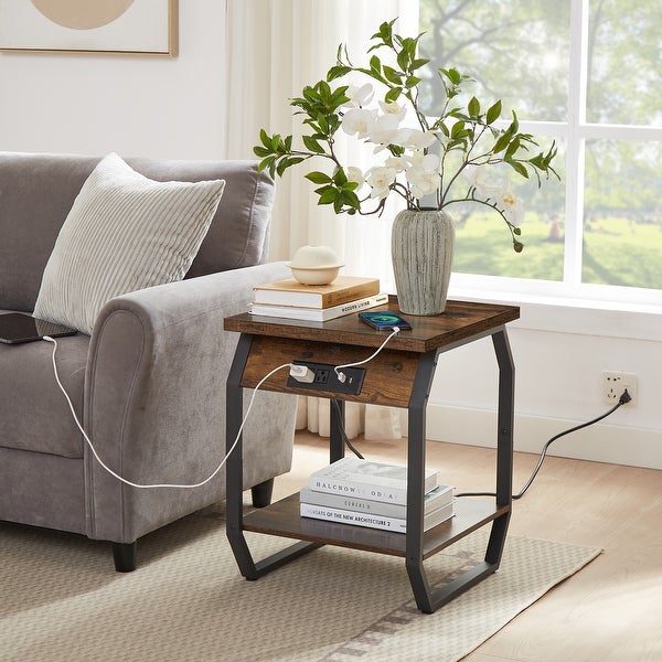 Set of 2 Side Tables with Charging Station, End Tables with USB Ports and Sockets, Bedside Tables for Living Room, Bedroom