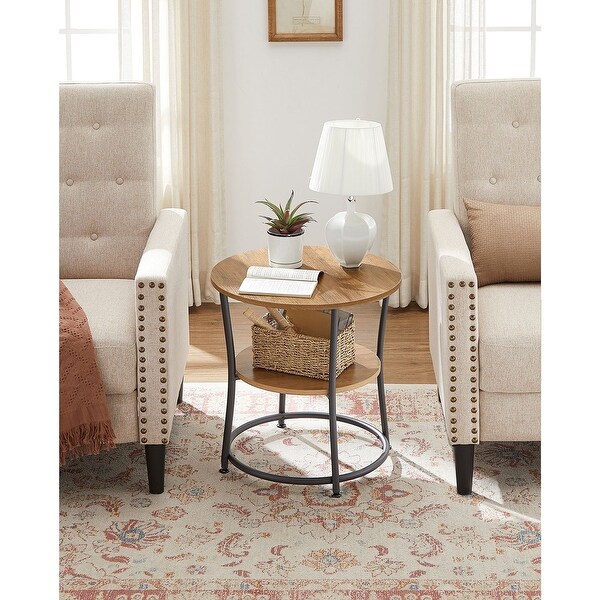 Side Table, Round End Table with 2 Shelves, Living Room, Bedroom, Easy Assembly, Steel Frame, Rustic Walnut and Black