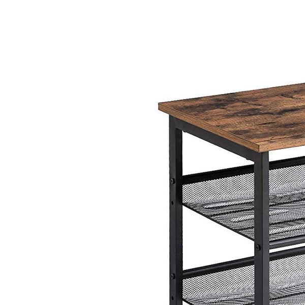 Wooden Side Table with Metal Mesh Shelves, Set of 2, Black and Brown - 19.7 H x 15.7 W x 15.7 L Inches
