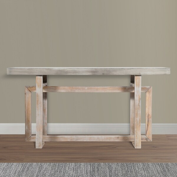 59 Inch Artisan Crafted Farmhouse Console Table with Geometric Interlocked Base, Rustic Light Brown