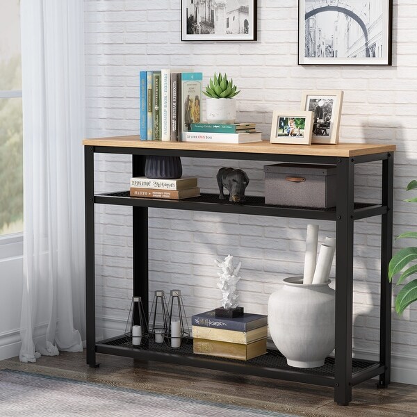 Console Table, Entryway Hallway Table with 2 Mesh Storage Shelves,Sofa Table Behind Couch