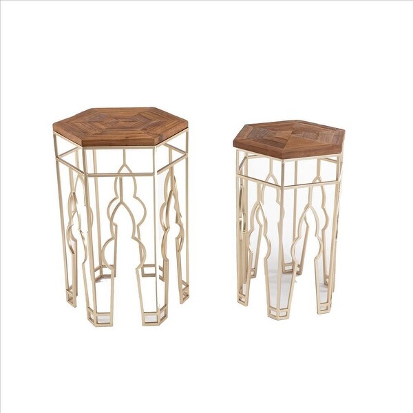 Nesting Side Table with Hexagonal Top, Set of 2, Brown and Gold - 26 H x 17 W x 15 L Inches