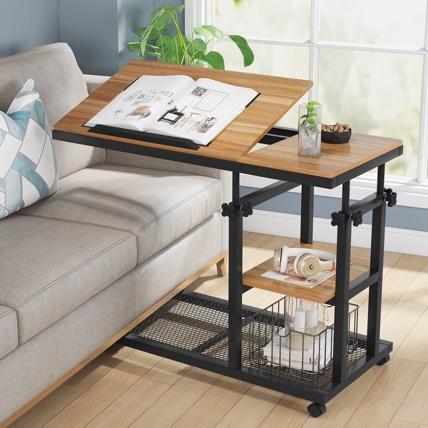 Height Adjustable C Table, Sofa Side Tables, Mobile End Table with Storage Shelves