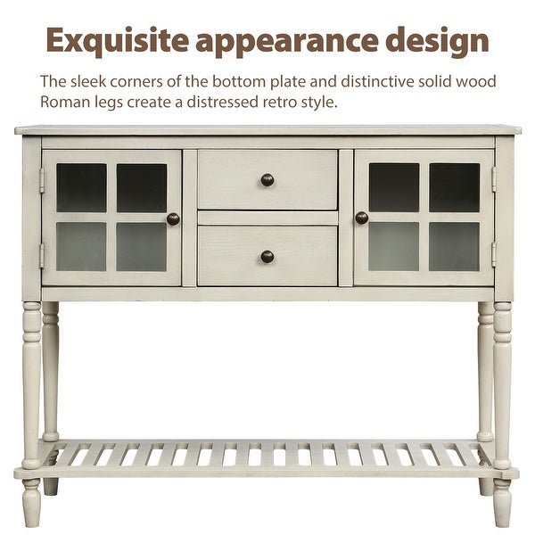 Farmhouse Distressed Sideboard Buffet Console Table with 2 Glass Front Cabinets, 2 Drawers and Slatted Bottom Shelf