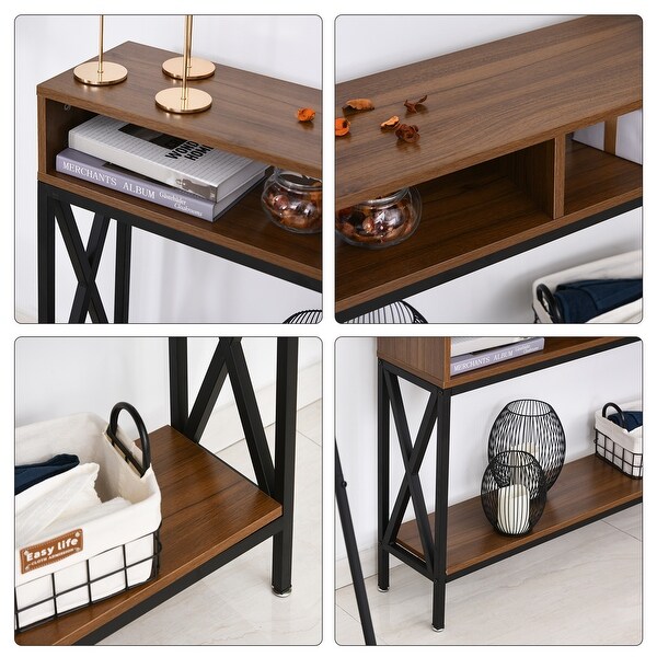 HOMCOM Industrial Style Entryway Console Table Desk with Shelf for Living Room, or Bedroom, Walnut Wood Grain