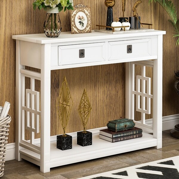 Classic Console Table with 2 Drawers and Open Bottom Shelf, Modern Solid Wood Sofa Table for Entryway Accent, Living Room, Bedroom