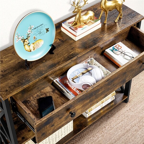 Wooden Console Table Entry Hallway Table with 1 Drawer and 2 Open Shelves, Rustic Brown
