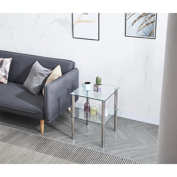 Glass End Table for Living Room 2-Tier Clear Glass Sofa Side Table Small Accent Coffee Table Square Bedside Table
