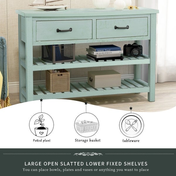 Retro Console Table for Entryway with Drawers and Shelf, Antique Blue