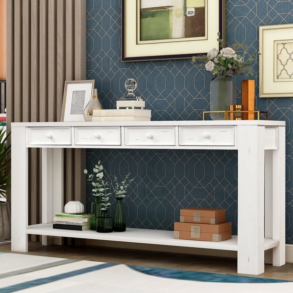 Chic Console Table Side Table with 4 Drawers and Bottom Open Shelf, Solid Wood Sofa Table Entryway Table for Entryway Living Room