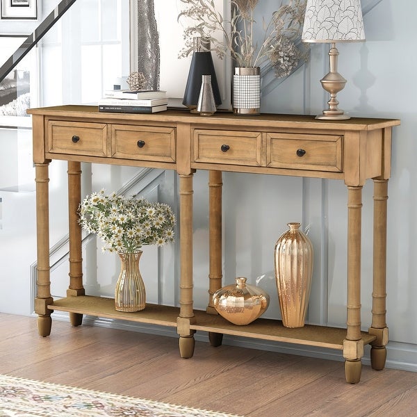 Solid Wood Sofa Table Console Table with 2 Drawers and Open Bottom Shelf, Classic Rustic Entryway Table Side Table for Living Room