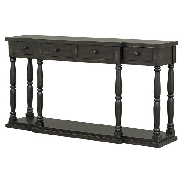 Retro Senior Console Table with 4 Front Facing Storage Drawers and a Shelf, Entryway Table for Entryway, Hallway, Living Room
