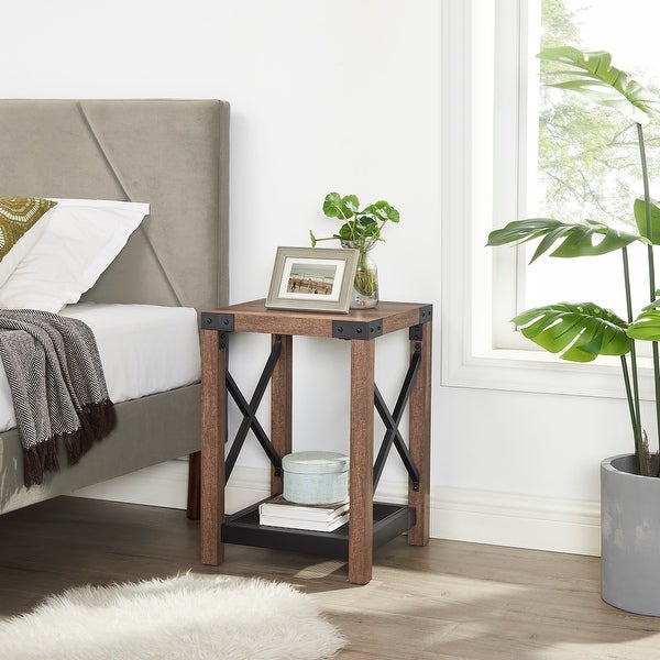 Farmhouse Wood Side Table, Nightstand with Mesh Shelf