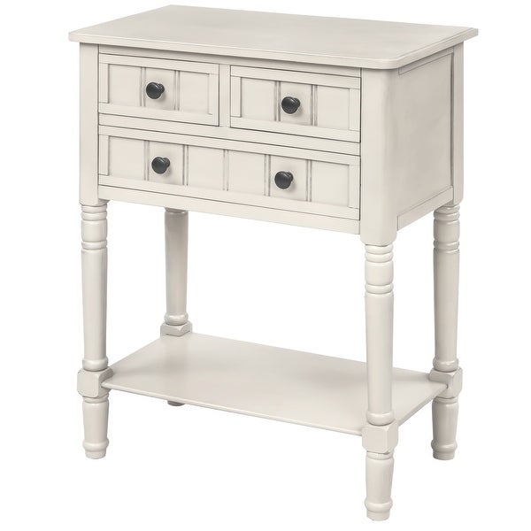 Narrow Console Table with 3 Storage Drawers and Black Round Deco Knobs, Slim Sofa Table with Bottom Shelf, Ivory