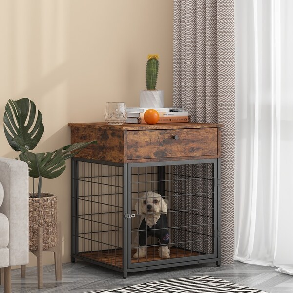 Furniture Style Wood,with Dog Crate,End Table with Storage Console(Rustic Brown; 19.69''w x 22.83''d x 26.97''h) - 26.97