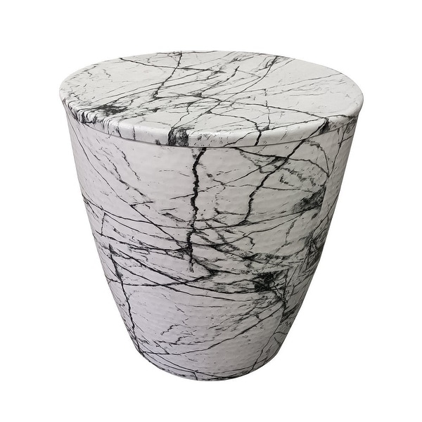 16 Inch Round Accent Side Table, Aluminum Sheet, Faux Marble, Enamel Coating, White - 16 H x 15 W x 15 L